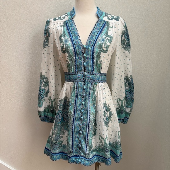 Zimmermann Mini Dress Bells Paisley Rare Boho Placement Print Linen Blue Size 8 - Picture 3 of 16